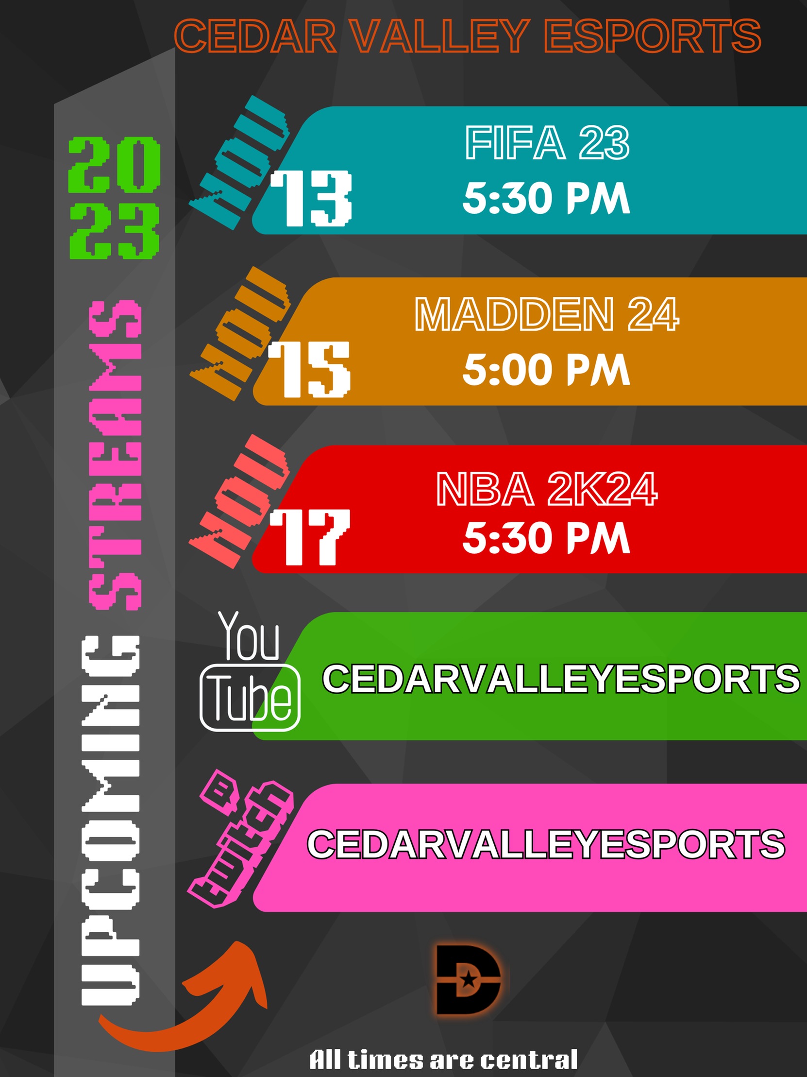Cedar Valley's eSports Schedule 11-12-23 to 11-17-23